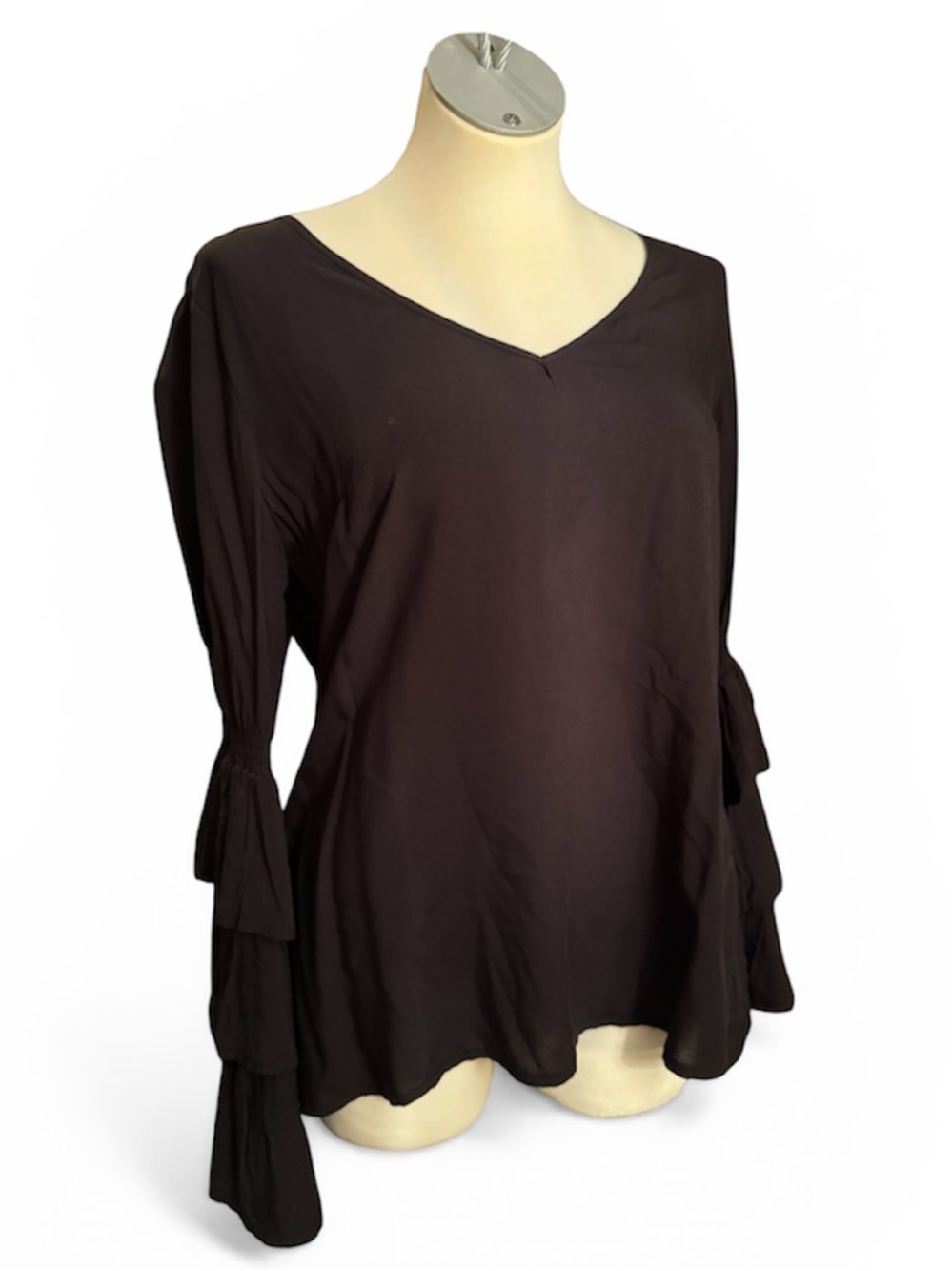 Women's Black Ruffle-Sleeve V-Neck Top Small